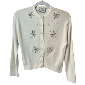 Vintage 50's Park Stork Beaded Acrylic Cardigan Sweater – Ivory Pearl Buttons S